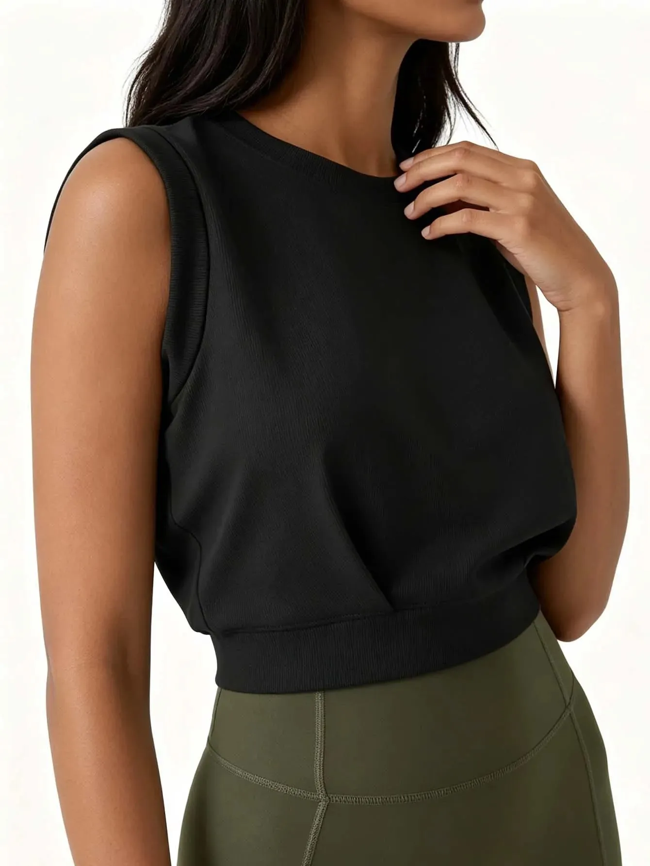 Lady's ribbed round-neck sleeveless fitted crop top solid color loose-fitting sports top casual fitness running yoga top — image 3