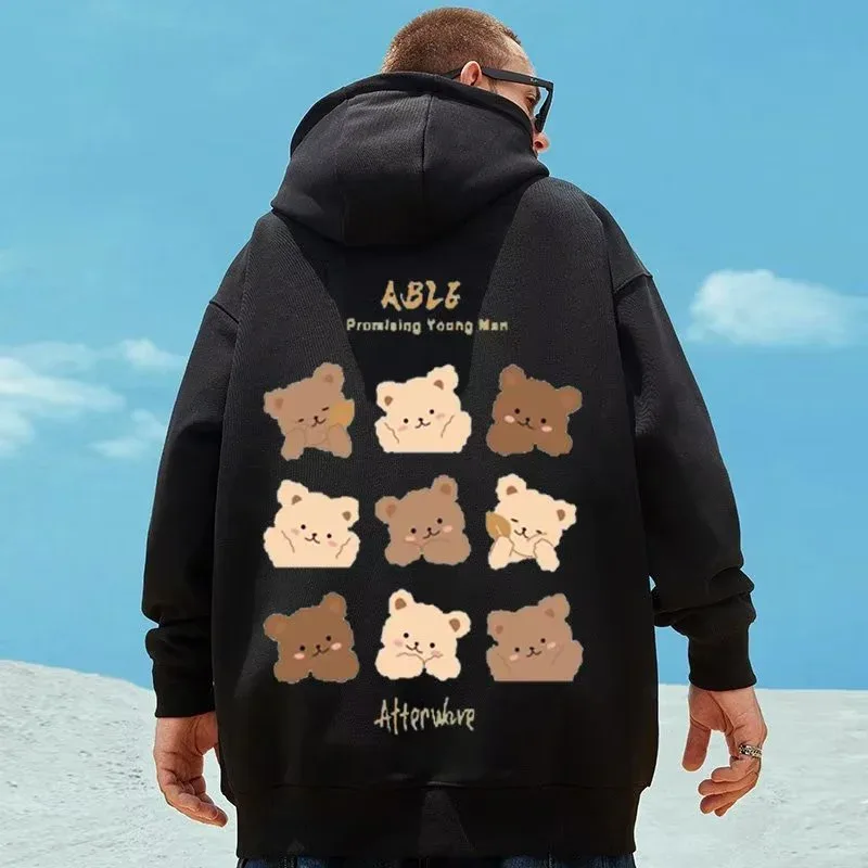M-8XL Style américain rue marron mignon ours imprimé sweat à capuche Couple sweat à capuche étudiant grand doux velours à capuche pull — image 1