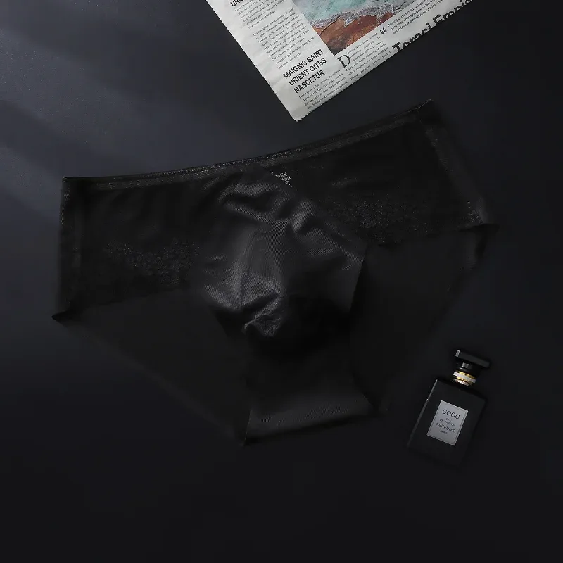 Men Briefs Summer Ultra-Thin Ice Silk Panties 3D Stamping Silk Splicing Lace See Through Underwear Seamless Sissy Underpants