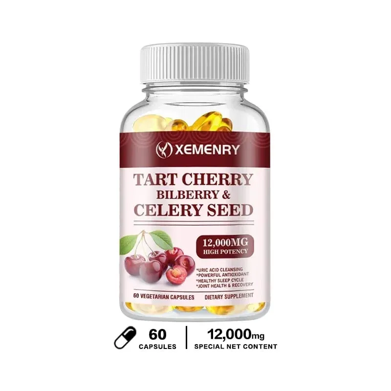 Organic Tart Cherry & Celery Seed Capsules - Uric Acid Cleanse Support Sleep & Joint Health Muscle Repair Supplement