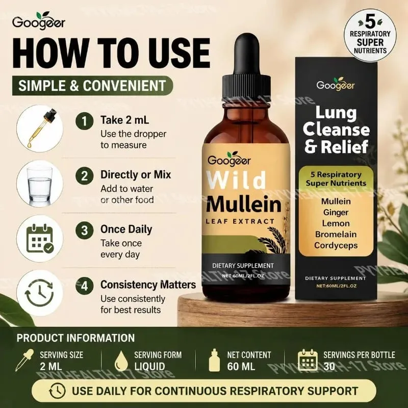 Googeer vad ökörfarkkóró levél kivonat folyékony légzéstámogató gyömbér citromhéj kivonat bromelain és cordyceps kivonat 60 ml — image 5