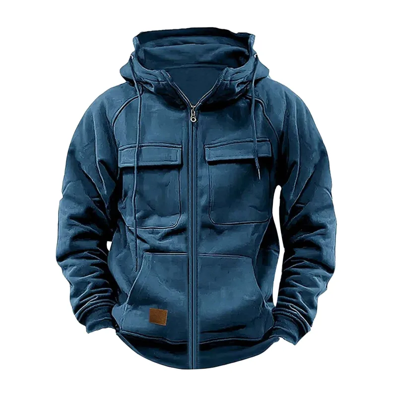 New Autumn Winter Men's Hooded Solid Hoodies Jackets Multi Pockets Male Zipper Sweatshirts Sports Outdoor Casual Hoodie Coat — image 7
