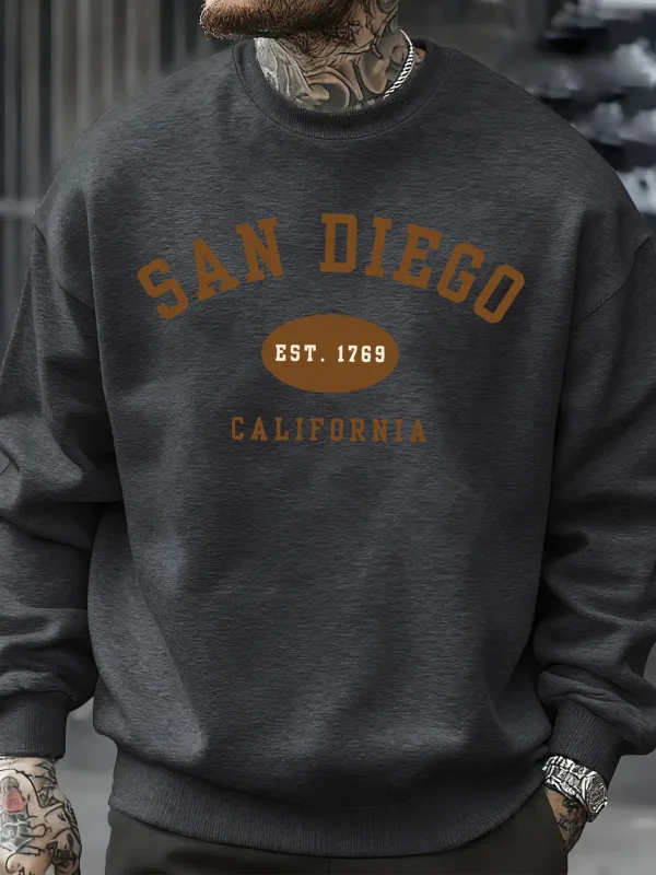 San Diego California Letter Printed Men Pullover Sweatshirts Soft Fleece Sweatshirt Crewneck Casual Clothes Oversized Streetwear