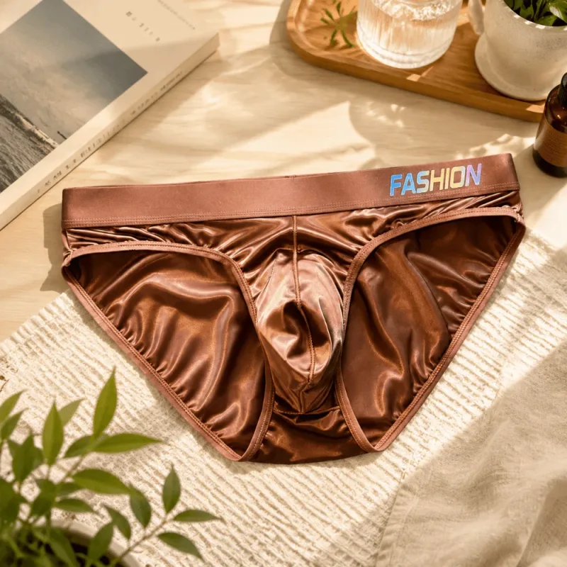 Underwear Men's Triangle Panties Low Waist Ultra Smooth Satin Silky Briefs Lingerie Gradient Letter Glossy Underpants Daily Wear — image 2