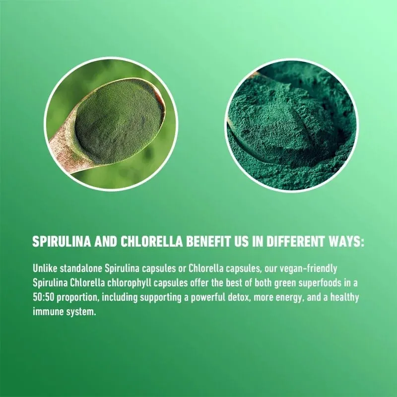 Spirulina Chlorella kapszula - Támogatja a szív- és érrendszeri és az immunrendszer egészségét Erőteljes antioxidáns