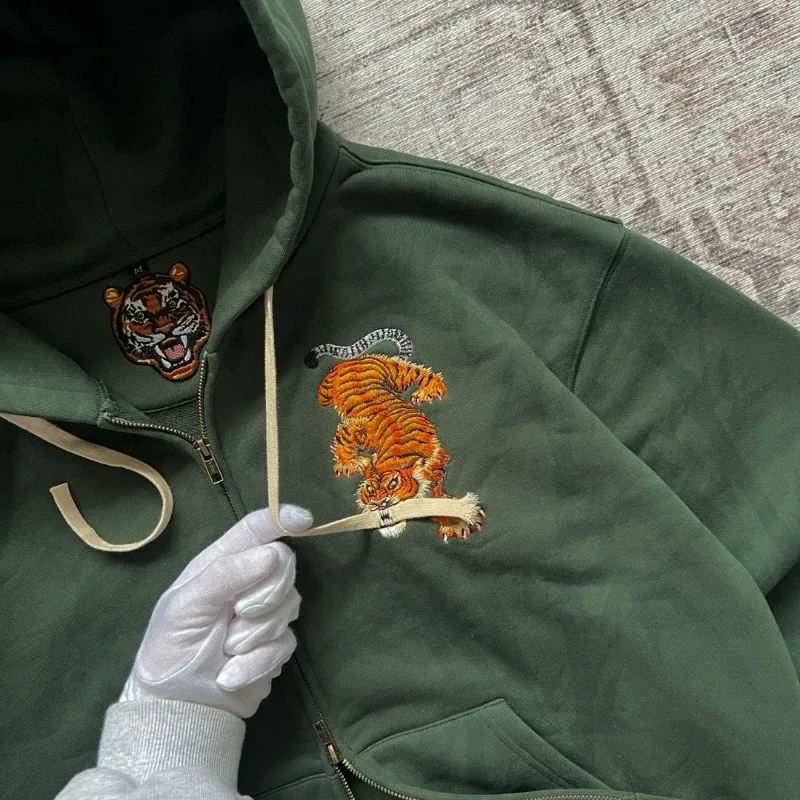 Dark Brown Full Zip Hoodie Double Men Wolf Embroidery Drawstring Pocket Oversized Y2K Grunge Vintage Street Zip Up Sweat Jackets — image 11