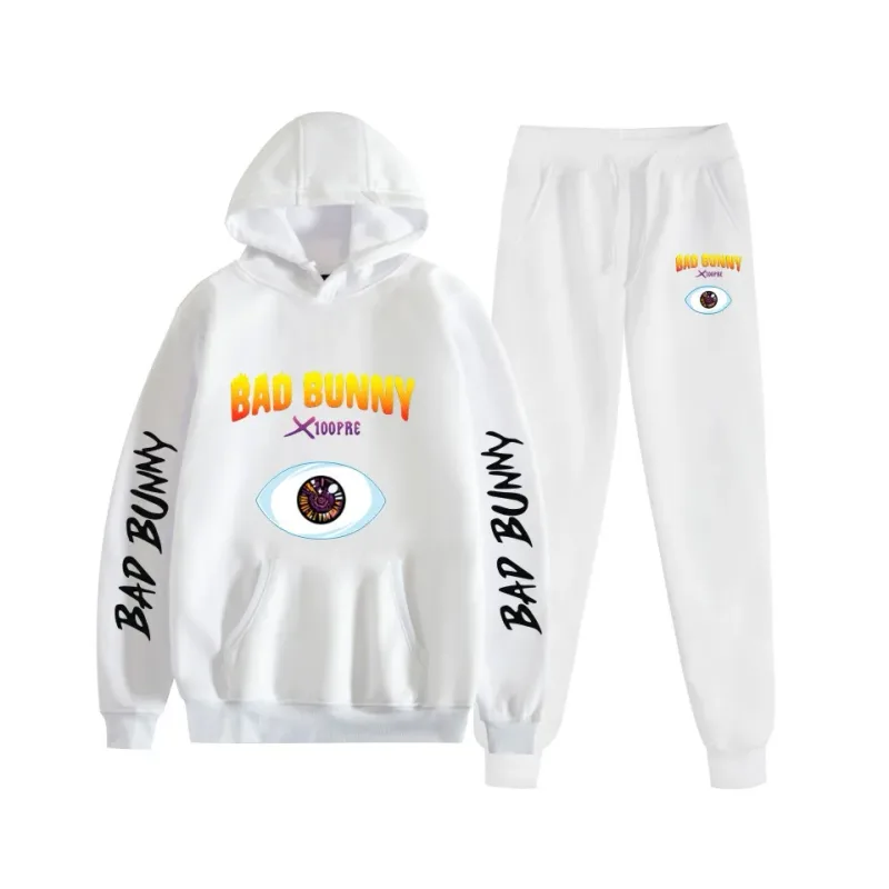 Harajuku confortável bad bunny impressão moletom moletom terno feminino hoodies + calças terno meninos/meninas 2 peça conjunto roupas — image 15