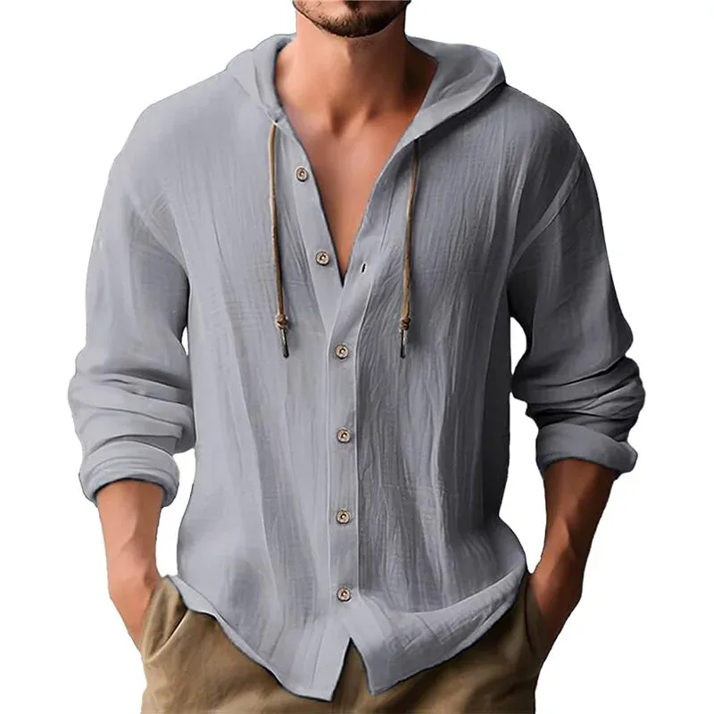 Enfärgad casual tröja för män, dragsko med luva Kofta i bomull och linne Trendig och mångsidig lös strand-t-shirt — image 6