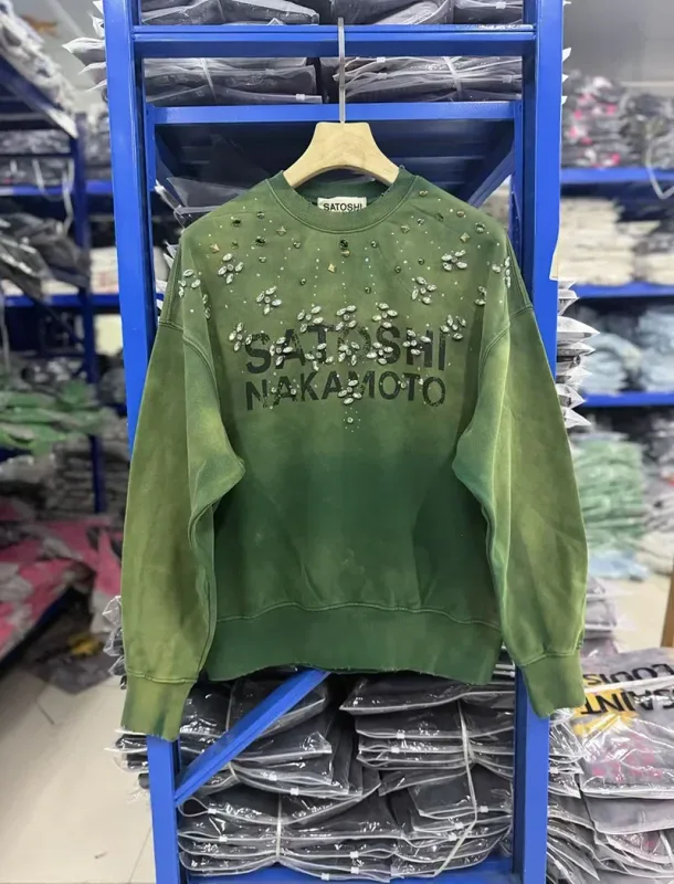 Letters Logo Rhinestone Rivet Satoshi Nakamoto Sweatshirts Men Women Streetwear Vintage Washed Charcoal Gray Green Pullovers Tag