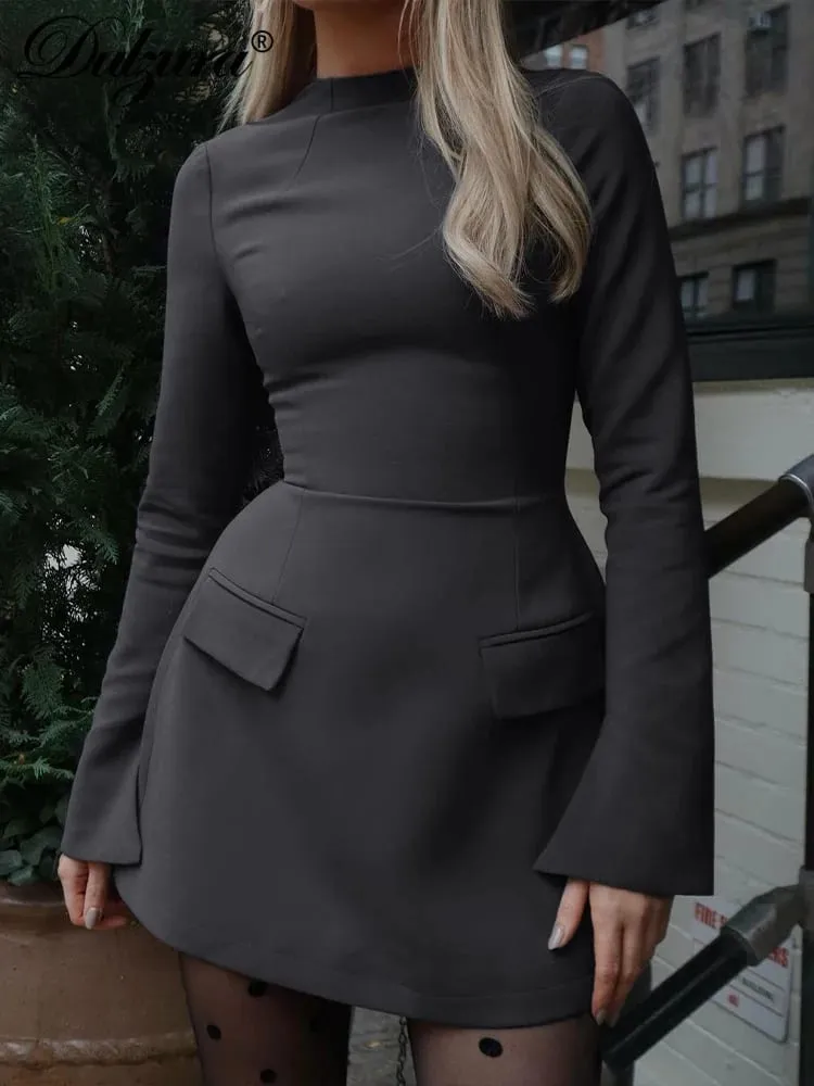 Μίνι φόρεμα Dulzura με φερμουάρ Bodycon με μονόχρωμη τσέπη Κομψή στολή Γραφείο Streetwear Γυναικεία φθινοπωρινά χειμωνιάτικα ρούχα
