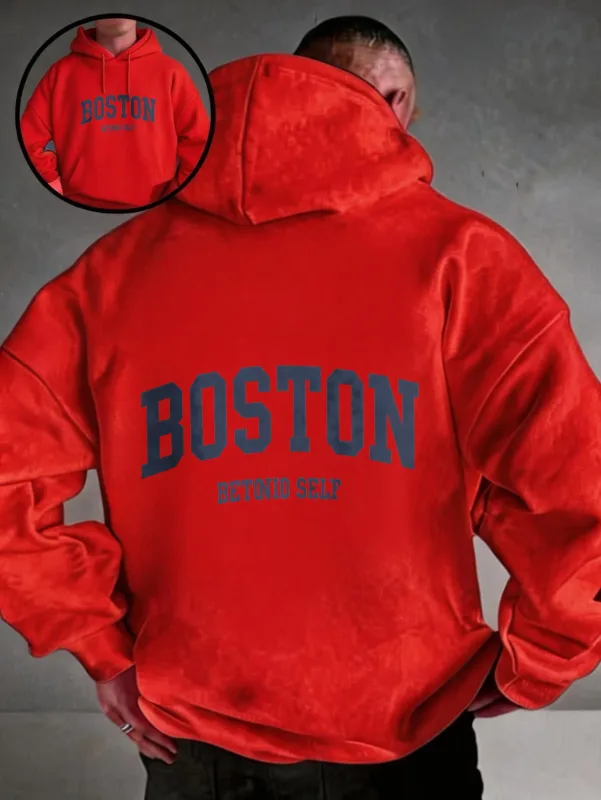 Oversized colorful hoodie, streetwear-style pullover, Boston Betonio back-print design, unisex casual wear, plus size.