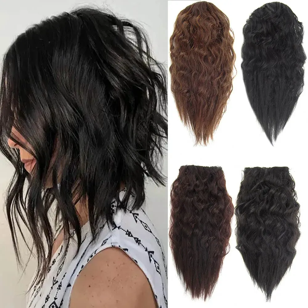 זולין קצר קינקי פוני שיער מתולתל הארכת שיער עם 2 קליפס חתיכה אחת בשיער שחור שיער סינטטי חום בהיר לילדות