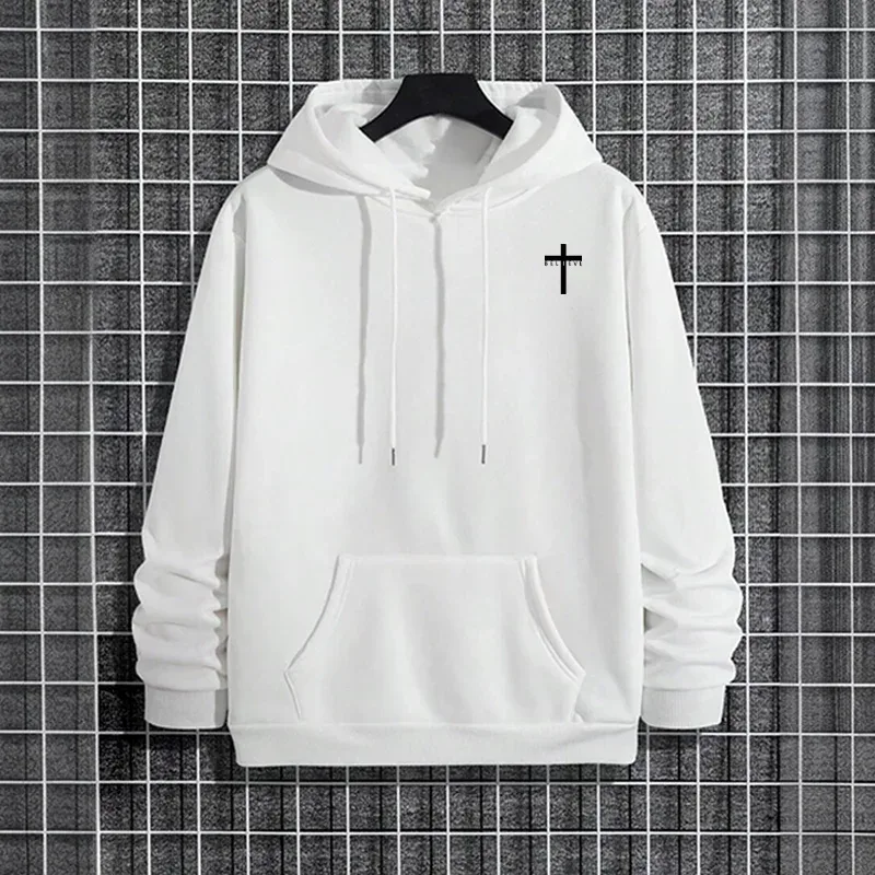 Mens Urban Hoodie 2025 High Quality Solid Color Long Sleeve Sweatshirt Casual Sporty Hooded Outerwear Jesus Cross Print Pullover — image 13
