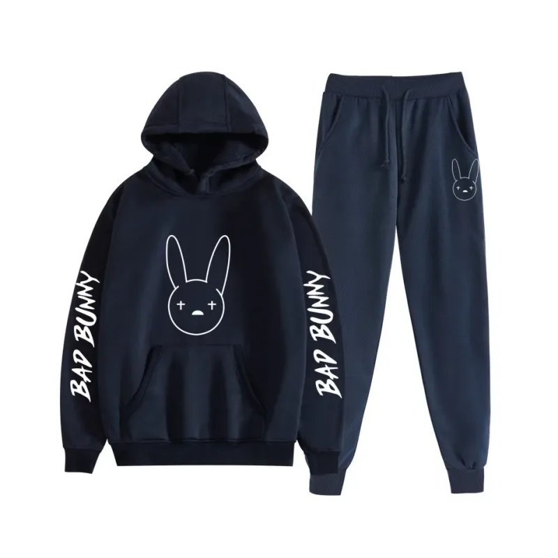 Harajuku confortável bad bunny impressão moletom moletom terno feminino hoodies + calças terno meninos/meninas 2 peça conjunto roupas — image 11