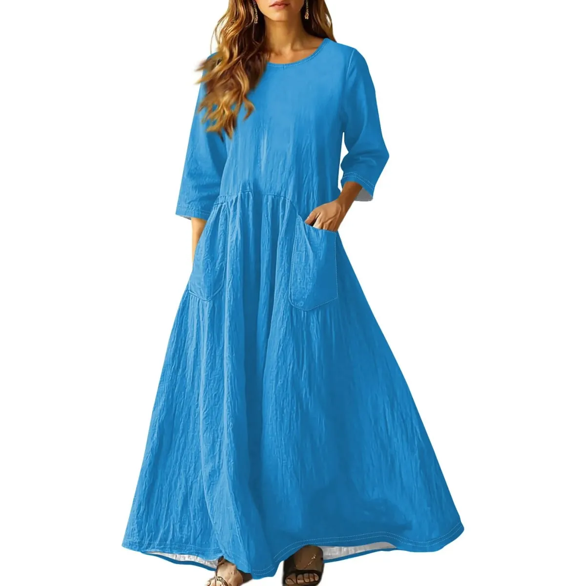 Women's Summer Loose Long Dresses Solid Color Three-quarter Sleeve Double Pocket Dress Loose Round Neck Linen Dress Vestidos