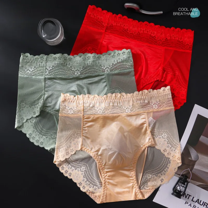 Flor renda malha oco para fora sexy roupa interior masculina de seda gelo respirável sem costura fina triângulo calças macio traceless cuecas masculinas — image 3