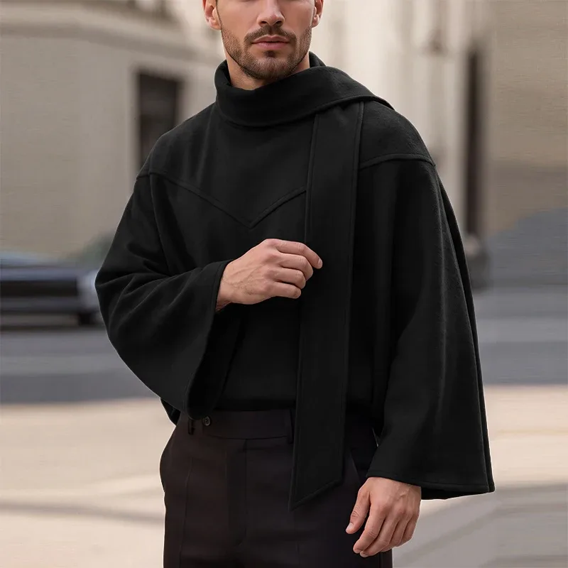 Men's Sweatshirts Solid Cloak Cape For Man Long Sleeve Scarf Collar Streetwear Autumn Winter Fashion Ponchos Hoodies — image 15