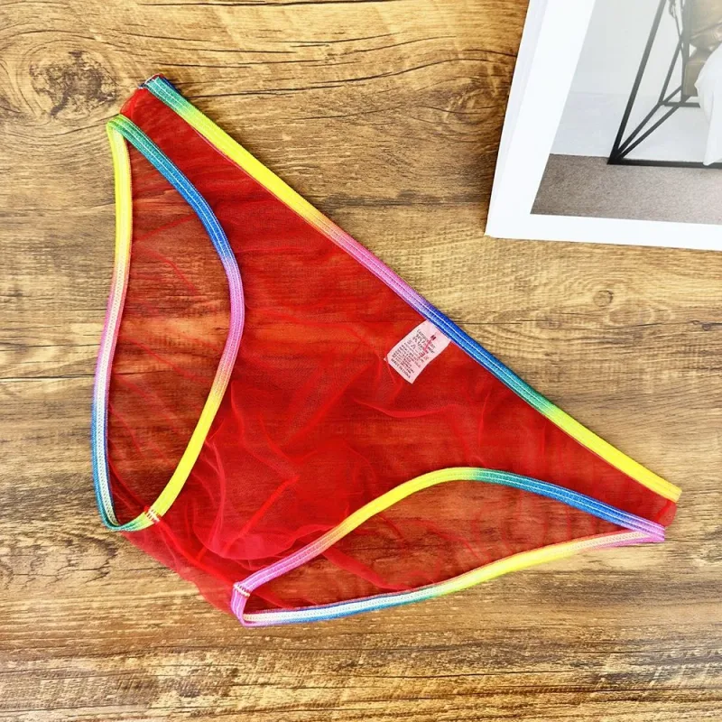 Cuecas masculinas coloridas de cintura baixa u convexa, cuecas de gaze sexy ultrafinas de malha pura transparente — image 10