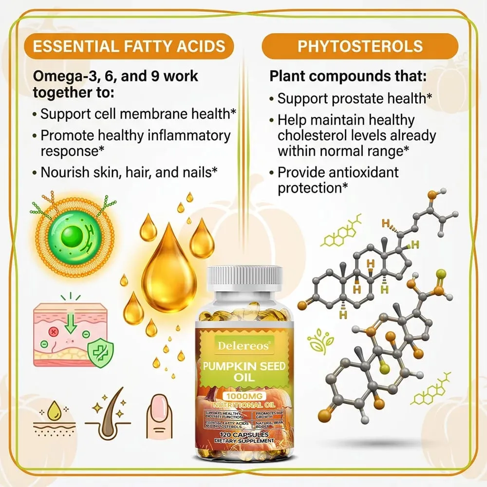 Pumpkin Seed Oil Capsules 1000mg Supports Prostate Urinary Bladder & Hair Health for Men Cardiovascular Health Non-GMO — image 6