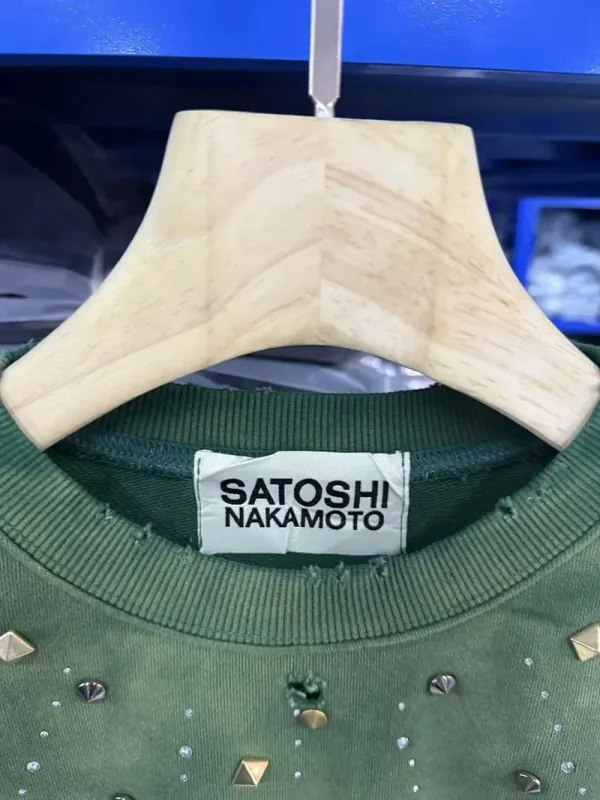 Letters Logo Rhinestone Rivet Satoshi Nakamoto Sweatshirts Men Women Streetwear Vintage Washed Charcoal Gray Green Pullovers Tag