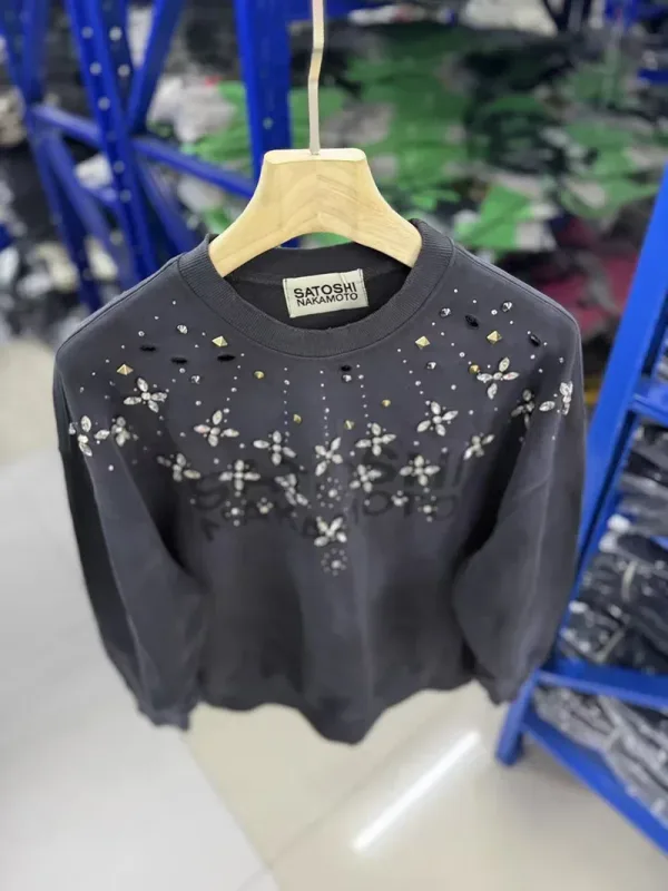 Letters Logo Rhinestone Rivet Satoshi Nakamoto Sweatshirts Men Women Streetwear Vintage Washed Charcoal Gray Green Pullovers Tag