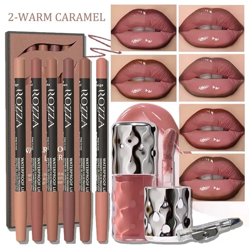 8db/szett Daily Lip Beauty Set – 6 keverhető ajakkontúr, 1 hidratáló szájfény és 1 ceruzahegyező – puha, hosszan tartó ajakkészlet — image 2