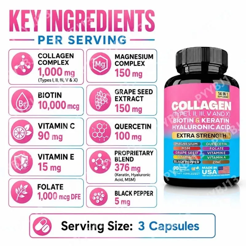 Collagen Biotin Keratin Hyaluronic Acid Capsules Extra Strength with Vitamin A C E and Zinc Skin Health 90 Capsules — image 3