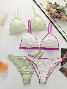 2 Sets Damen Satin-Dreieck-Dessous-Set, kabelloser BH mit Vorderverschluss und Rüschenbesatz, weicher, bequemer BH und Höschen-Set für den Alltag
