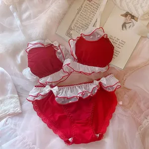 Ensemble de soutien-gorge en mousseline de soie pour filles, Lingerie avec nœud papillon féerique, Style fin, mignon, sans anneau en acier, bonnet Triangle, grande taille, culotte Bralette, 2 pièces