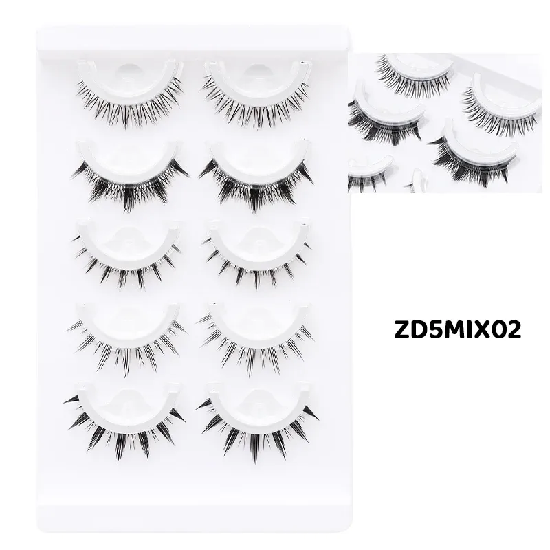 5 Pares Mixed Style Manga Self Adhesive False Eyelashes Glue-Free Reusable Natural Strip Lashes para sa Pang-araw-araw na Makeup sa Mata