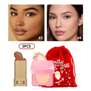 3 bucăți fond de ten Stick pudră presată pentru față compactă cu sac cu șnur de Crăciun, cadou de Crăciun pentru cosmetice de față mat de lungă durată
