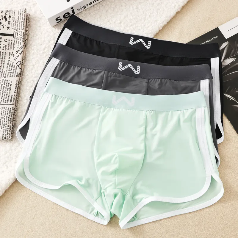Caleçons en soie glacée pour hommes, 3 pièces/paquet, maille antibactérienne respirante, culotte à grande poche, taille haute élastique, Boxer pour hommes