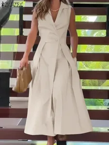 Commute Fashion Midi Dress Summer Lapel Neck Elegant Cinched Waist Pleated Dresses Women Soild Color A-line Vestidos