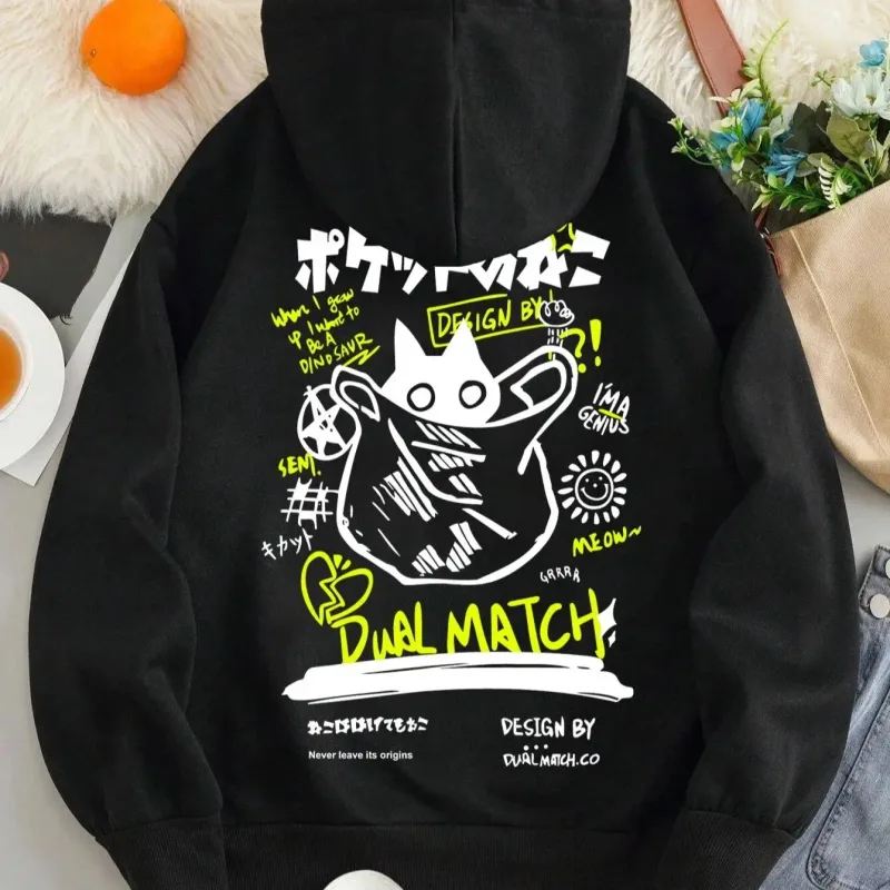 Japansk stil Svart katthuvtröja Män Kvinnor Utomhus Gata Fritidsmode Sport Tecknad Långärmad Vuxen Höst Vinter Sweatshirt Topp