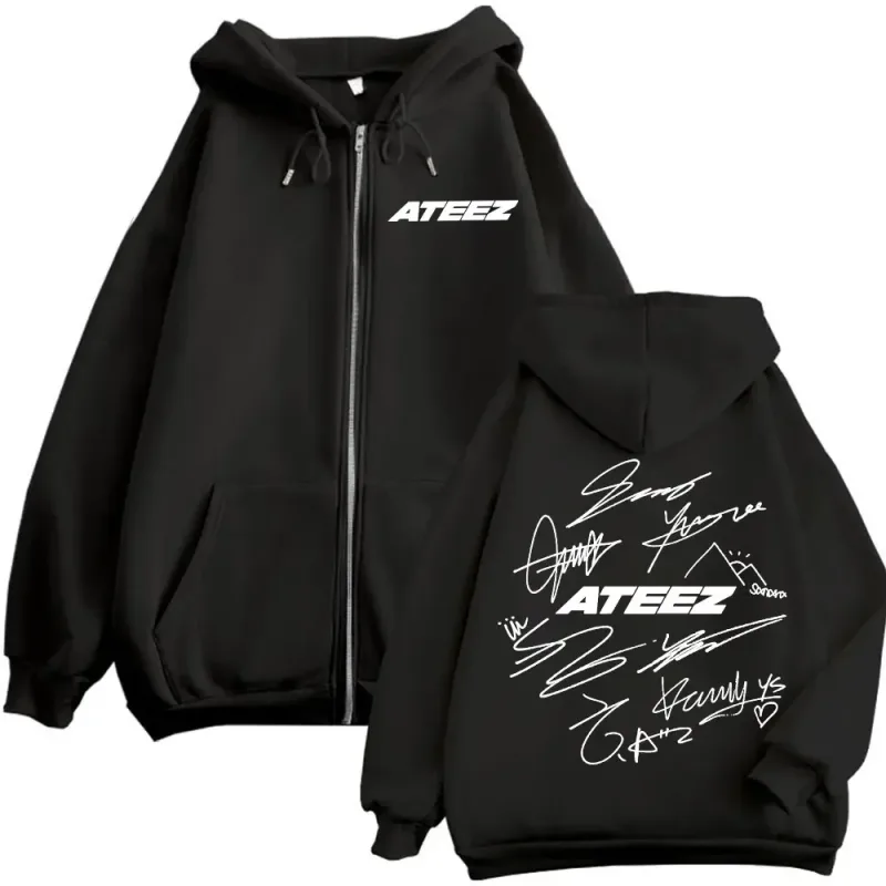 Limitado Kpop ATEEZ Logo estampado de doble cara cremallera Sudadera con capucha moda Hip Hop sudaderas con cremallera hombres mujeres Casual jerseys de gran tamaño