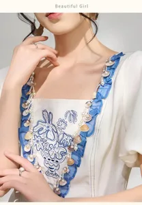 2026 Fashion Vintage Mesh Spliced French Waist Dress Summer New Square Neck Ruffle White Long Dress For Women，Wholesale Support