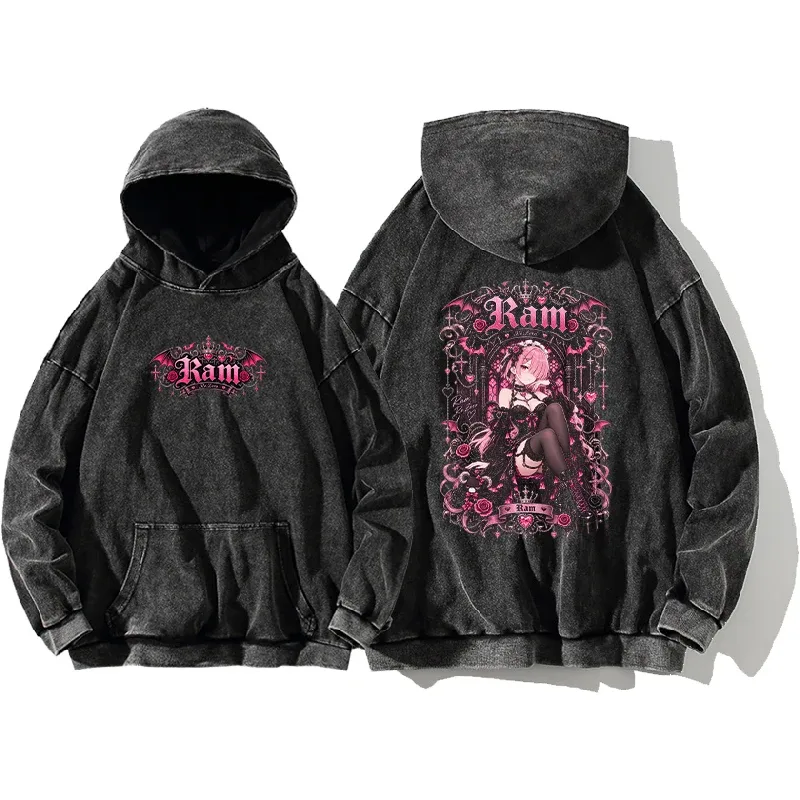 Sudaderas con capucha góticas de Anime Re:Zero Ram, ropa de calle lavada Vintage para hombres y mujeres, ropa de otoño de manga larga, Top con capucha de algodón de 100% de gran tamaño