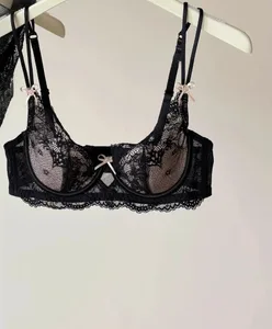 Bra Minimizer Wanita Gaya Perancis Set Lingerie Seksi Penopang Payudara Besar Bra Tipis Setengah Cangkir Berkawat Lembut Anti Kendur