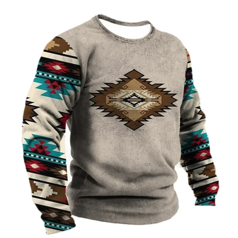 Vintage Etnisk stil Grafiska tröjor Vår Höst Mode Casual Långärmade 3D-tryckta toppar Lösa Streetwear Herrkläder