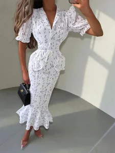 Women Elegant Printed V-neck Dress Chic Lapel Waist Cinched Pleated High Waisted Dresses 2026 Summer New Lady Vacation Gowns