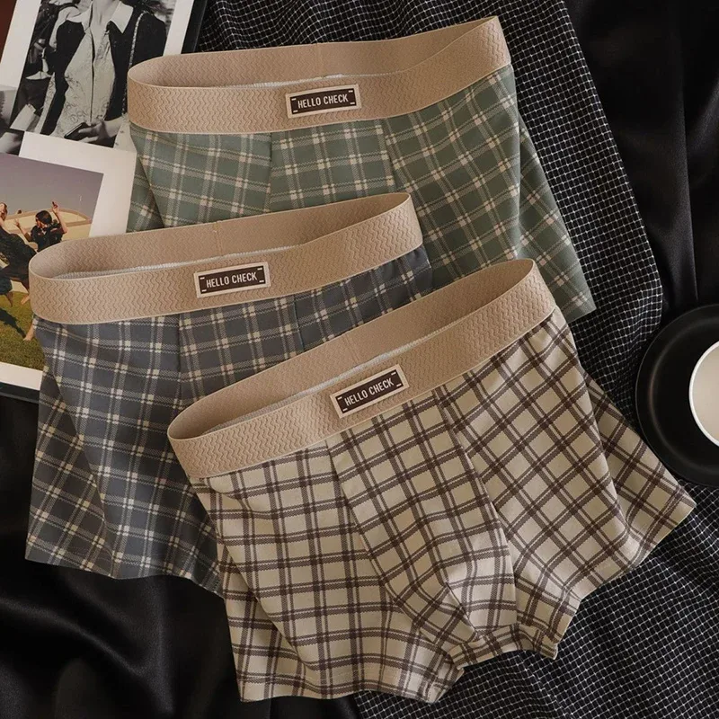 Shorts boxer retrô estampado xadrez masculino de 4 peças, roupa íntima macia, confortável e respirável, shorts boxer sem costura masculino