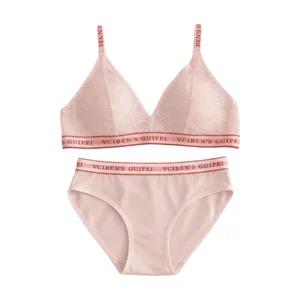 Bequemes Dessous-Set mit Buchstaben-Design, tiefer V-Ausschnitt, kabelloser Damen-Unterwäsche-Anzug, Spitze, BH mit Farbblockierung, Höschen-Set für Mädchen