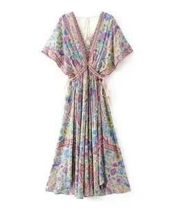 Boho Queens ผู้หญิงนกยูงดอกไม้พิมพ์แขนค้างคาวชายหาดชุด Maxi โบฮีเมียนสุภาพสตรี V คอพู่ฤดูร้อนชุด Vestidos