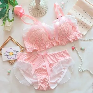 Set de sutien de lenjerie de corp Lolita, romantic cu sâni mici, fete dulci, piept mic, lenjerie de cosplay, set de sutien și chiloți cu fundă, lenjerie de corp sexy 2 P
