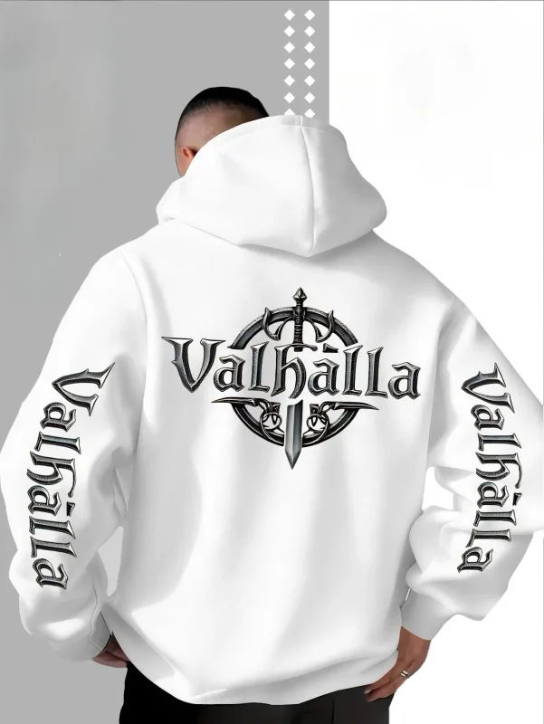 Street Style Lös Viking Valhalla svärdformad logotyp tryckt huvtröja för män, lämplig för höst och vinter.