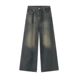 Sommer dongeribukser for menn Gammel blå vasket herrejeans Rett uformelt herretøy Løse bukser med vidde ben Ny mote 9C354
