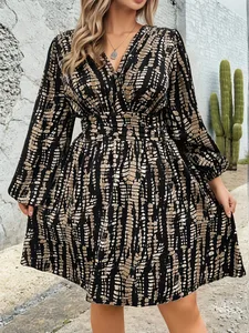 Elegant Directed Cross Neck Pleated Long Sleeve Waist Cinched Floral Print Midi Dress