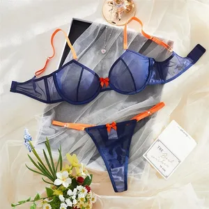 ชุดชั้นในสตรีน้ำเงิน SHEER ตาข่ายชุดชั้นในแหวนเหล็ก Bra สีส้ม Bow Thongs 2 ชิ้นเซ็กซี่ชุดชั้นใน Contrast สี Intimates