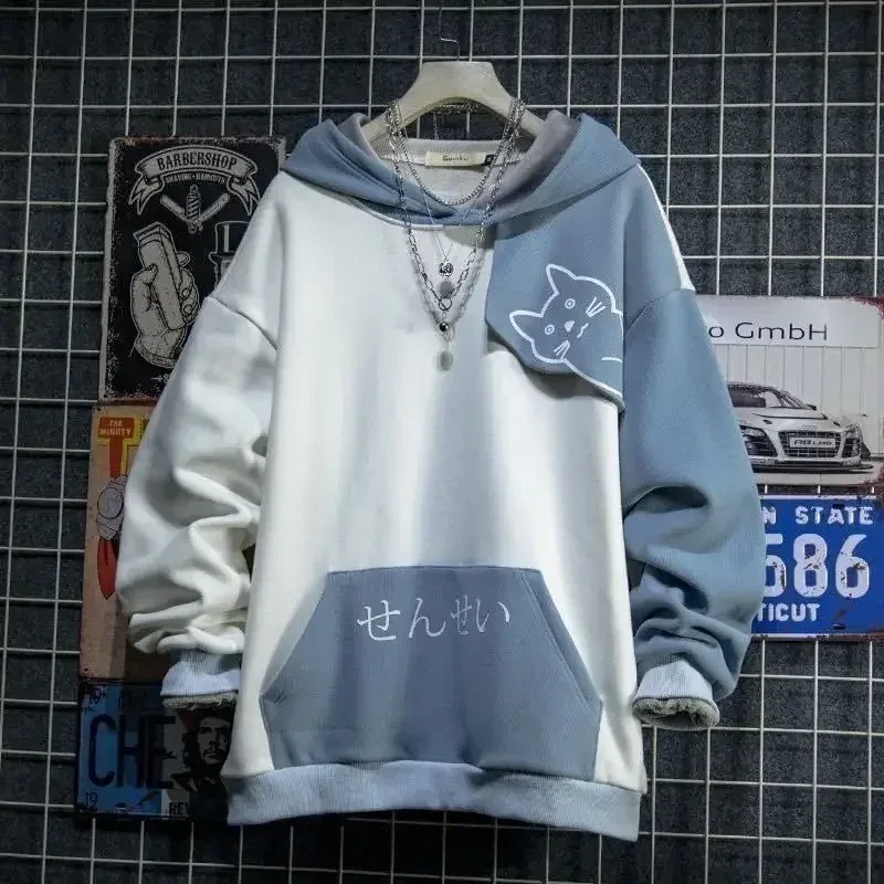 Japansk stil Vår Höst Herr Luvtröja Huva Söt Katttryck Patchwork Tonåring Huvtröjor Mode Anime Harajuku Man Sweatshirt