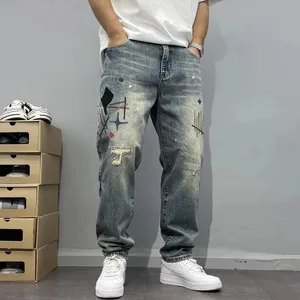 2025 Heavy Duty vasket og skrapet denim, trendy high-end brodert trykt løse, koniske jeans med rette ben